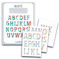 Colorful alphabet sheets with 'BLOCK' text on a white background