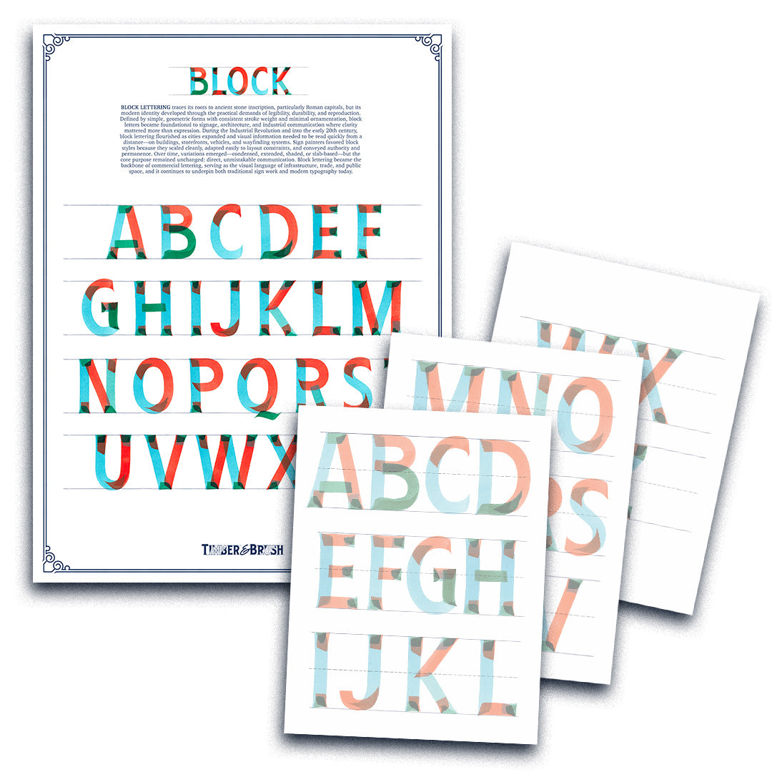 Colorful alphabet sheets with 'BLOCK' text on a white background