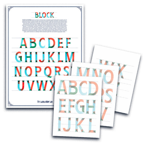 Colorful alphabet sheets with 'BLOCK' text on a white background