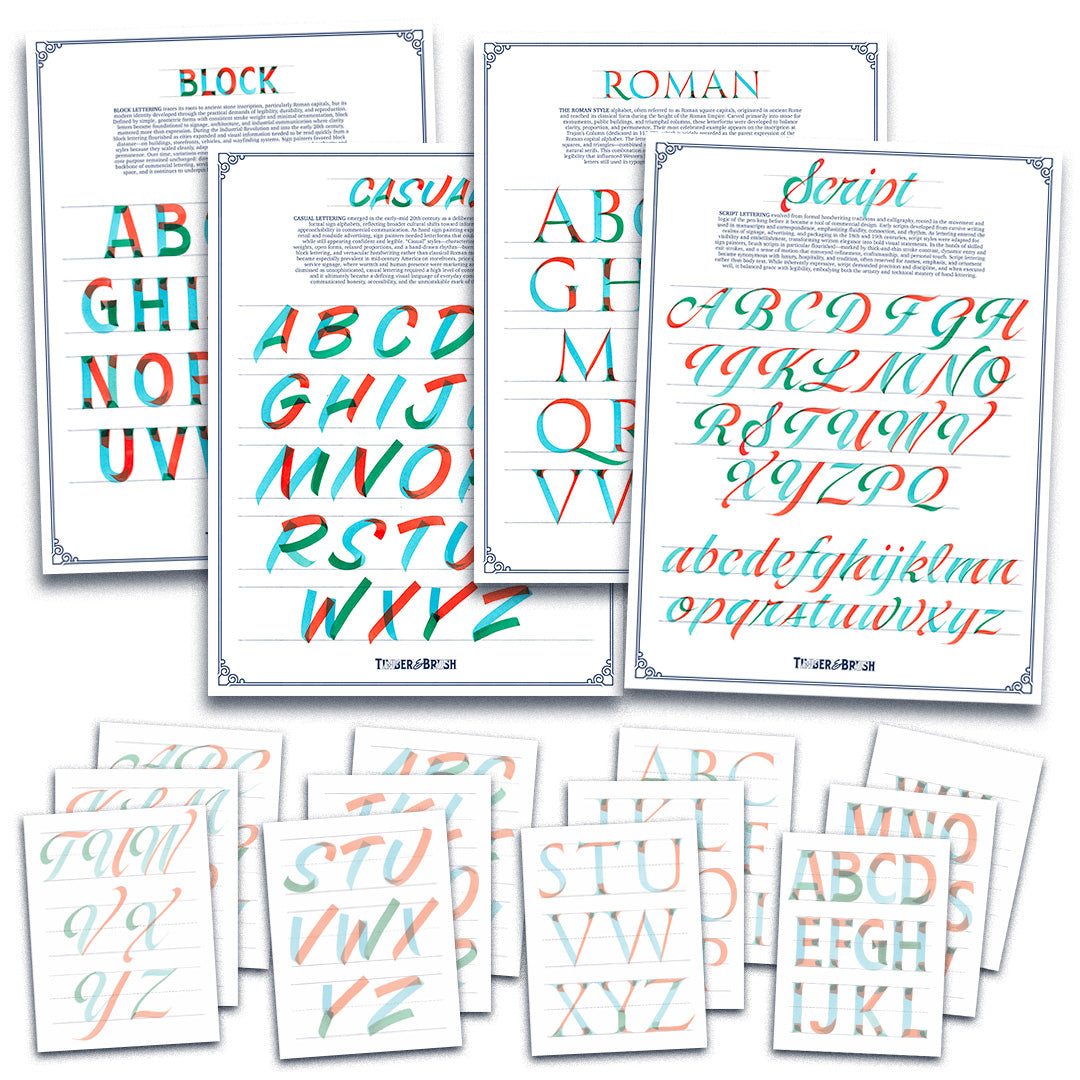 Set of posters displaying different styles of letters and numbers.