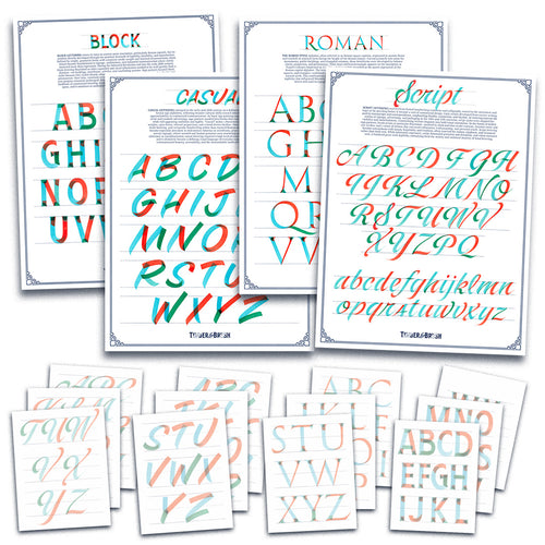 Set of posters displaying different styles of letters and numbers.
