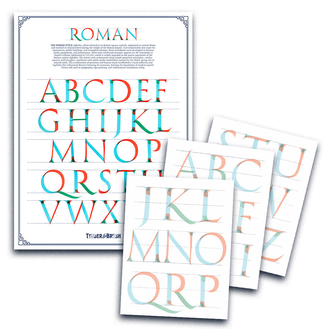 Colorful alphabet charts for Roman letters on white background