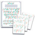 Set of calligraphy practice sheets with colorful letters on a white background