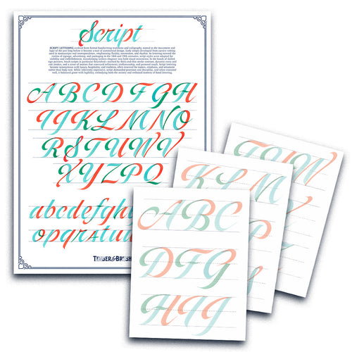 Set of calligraphy practice sheets with colorful letters on a white background